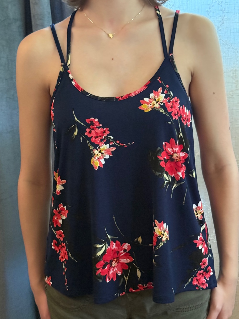 Papermoon Basima Back Detail Knit Navy Floral Strappy Cami with Red Blooms Small